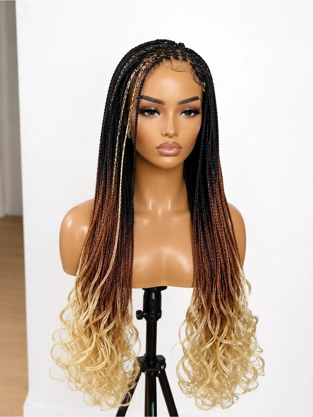 Long Ombre Braided Wig with Blonde Curls - Black to Blonde